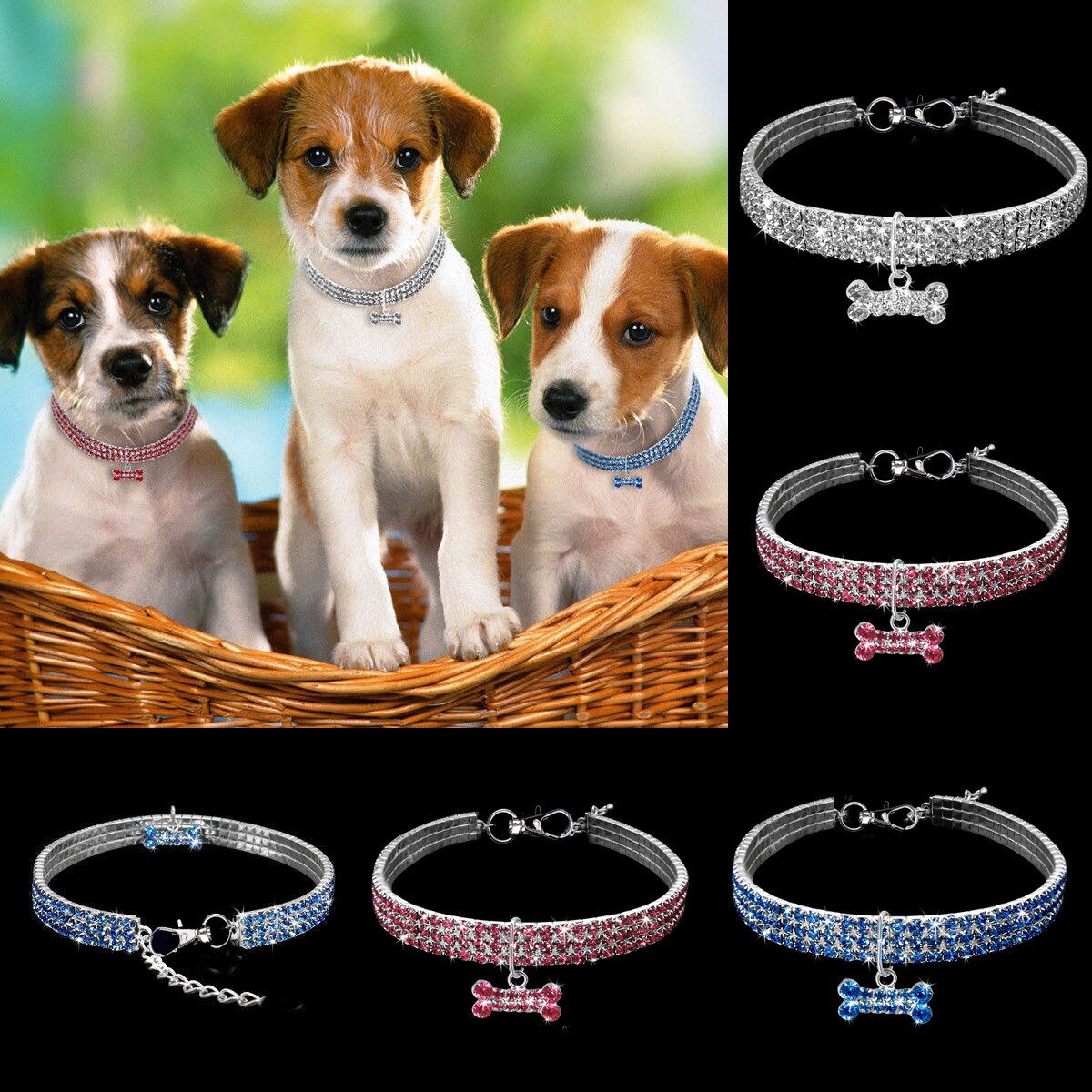 Glamour-Halsband mit Knochen-Anhänger & Kristallen für Hunde & Katzen