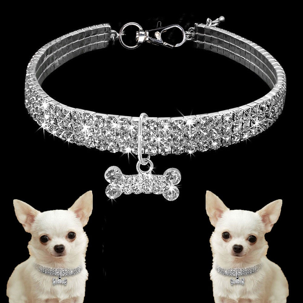 Glamour-Halsband mit Knochen-Anhänger & Kristallen für Hunde & Katzen