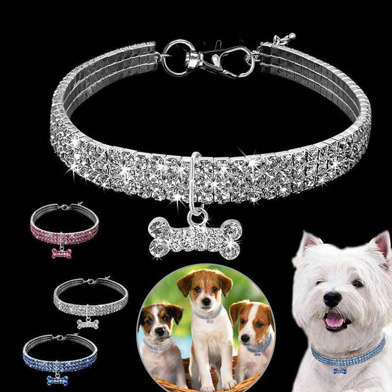 Glamour-Halsband mit Knochen-Anhänger & Kristallen für Hunde & Katzen