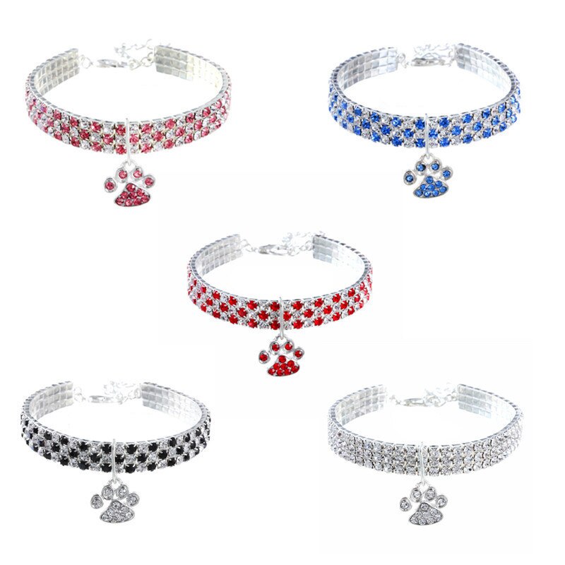 Strass-Hundehalsband mit süßem Pfoten-Motiv – Verstellbar, 5 Farben, S–L