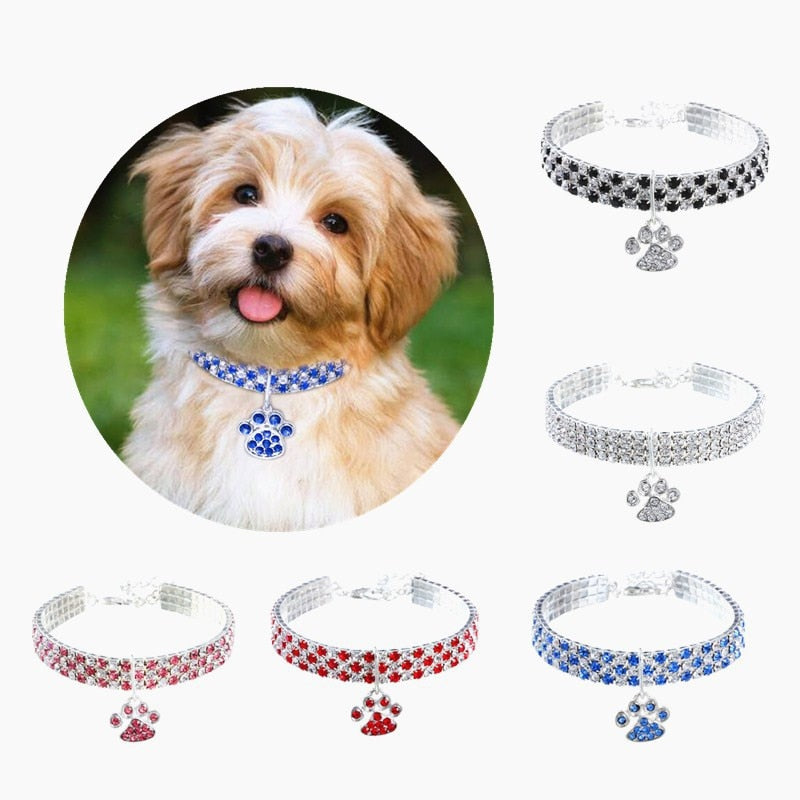 Strass-Hundehalsband mit süßem Pfoten-Motiv – Verstellbar, 5 Farben, S–L